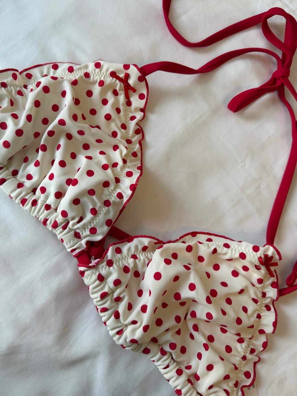 PINK x Frankie’s Bikinis Cream Bikini Top with Red Trim and Polka Dots🍒